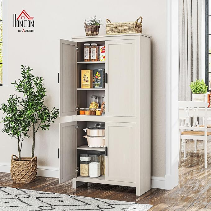 HOMCOM 64" Kitchen Pantry Cabinet, Freestanding Storage Cabinet with 4 Doors and 3 Adjustable Shelves for Dining Room, Antique White