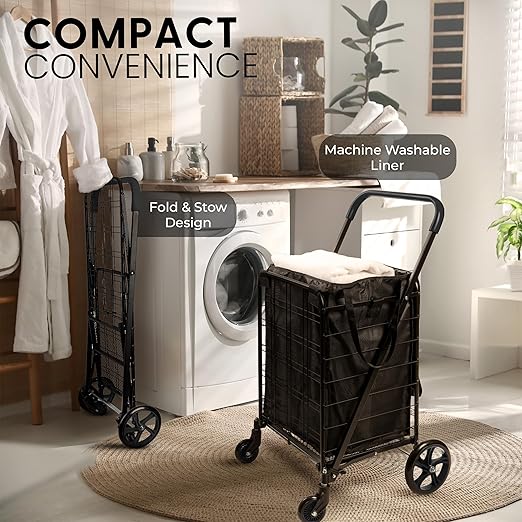 SereneLife Large Folding Utility Shopping Cart with Removable Liner – Heavy Duty, 360° Swivel Wheels, 110 lb Capacity, Portable for Groceries, Laundry, Luggage, and More (Black)