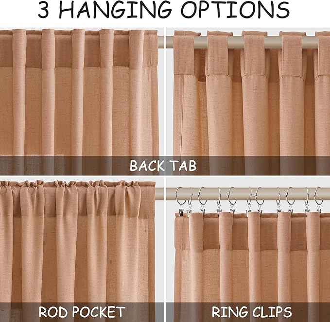Peach Quartz Linen Blend Semi Sheer Curtains 108 Inch Length 2 Panel Set Back Tab Loop Pocket Light Filtering Boho Style Extra Long Drapes for High Ceiling Living Room 52x108