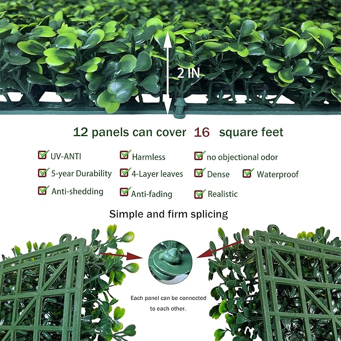 Artificial Grass Wall Backdrop Panels,16 X 12 in 12P(16 sqft) UV-Anti Greenery Boxwood Panels for Indoor Outdoor Green Wall Decor & Ivy Fence Covering Privacy