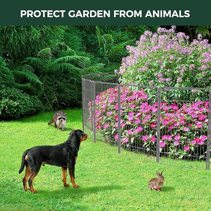FXW Garden Fence Outdoor for The Yard – 45in(H) x 18.2ft(L) Heavy Duty Metal Animal Barrier for Dog and Rabbit, Decorative Dog Fence, 8 Panels, Silver