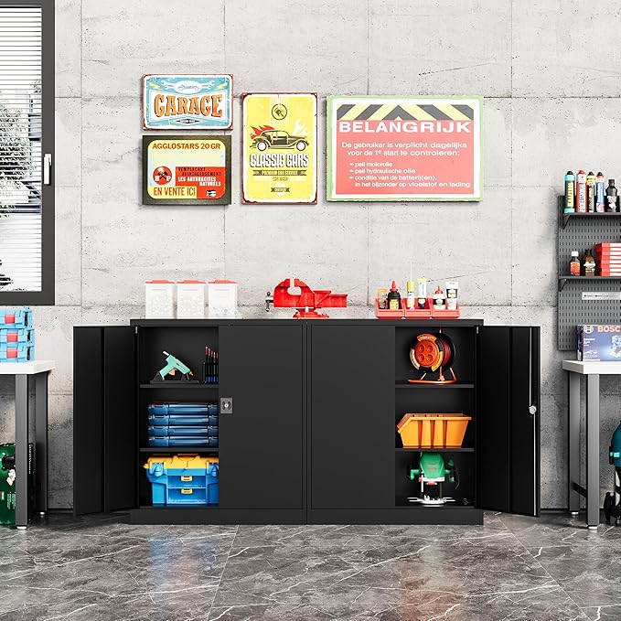 Metal Storage Cabinet-36” Tall Steel File Cabinets with Lockable Doors and Adjustable Shelves-Black Steel Storage Cabinet for Home Office, School, Garage
