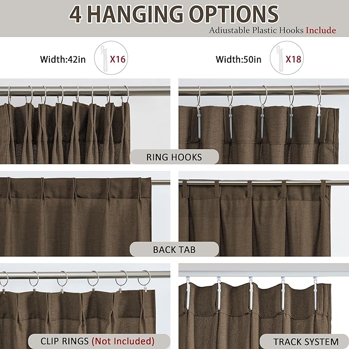 Brown Pleated Linen Curtains 92 Inches Long Farmhouse Semi Sheer Memory Trained Shape Pinch Pleat Drapes with Hooks Back Tab Ripple Fold Curtain for Bedroom Living Room 50x92