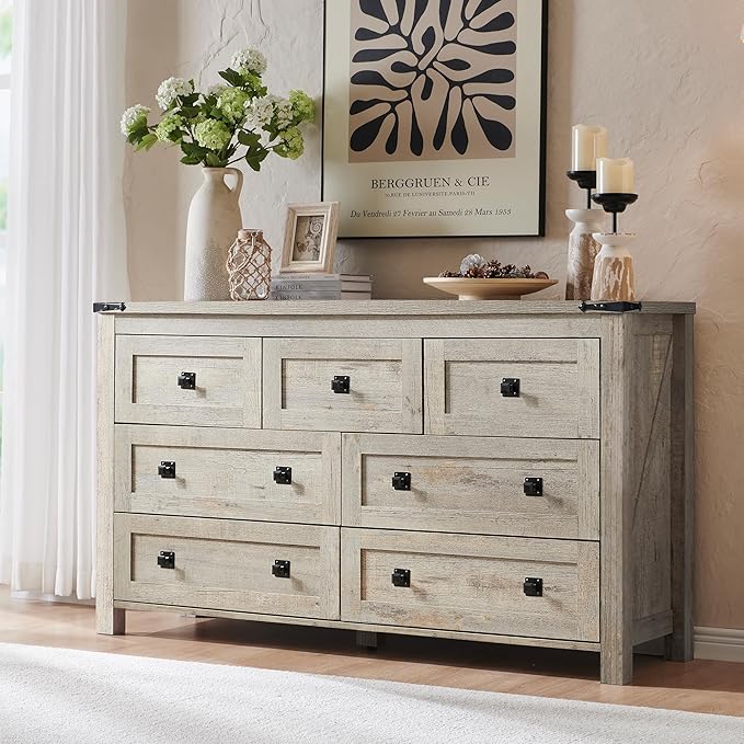 RedLemon 7 Drawer Dresser for Bedroom, Farmhouse 54" Wide Rustic Wood Dresser TV Stand, Dresser Chest of Drawers for Closet, Living Room, Hallway, Light Rustic Oak