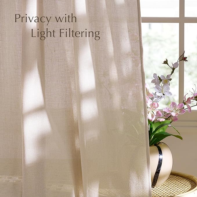 NICETOWN Thick Linen Semi Sheer Light Filtering Curtains, Back Tab/Rod Pocket with Pleat Tape Privacy Added Window Treatments for Bedroom/Farmhouse, Angora, W52 x L95, 2 Panels