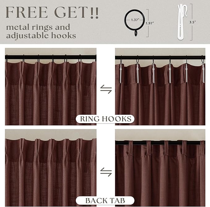 Chestnut Brown Linen Pinch Pleated Curtains 120 Inches Long for Living Room Pleated Drapes Back Tab Thick Linen Dark Terracotta Rust Farmhouse Country Extra Long 120 Inch Curtain for Dining Bedroom