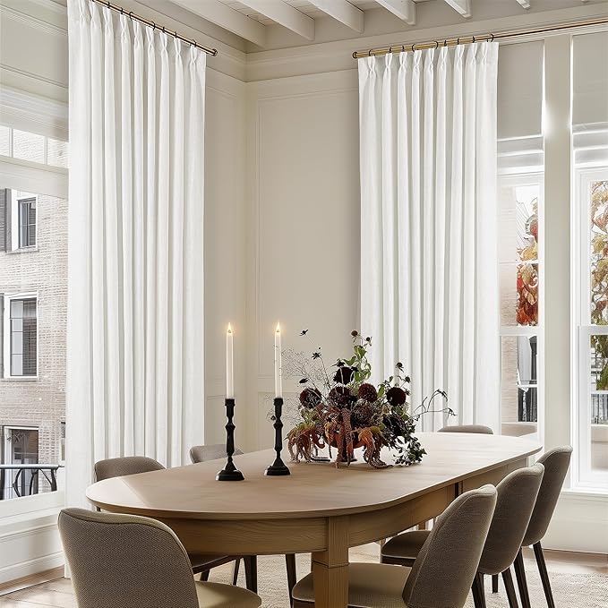 Extra Wide Pinch Pleat Curtains 84 Inches Long for Patio Sliding Glass Door Ivory Linen 60 Inch Wide Curtain Memory Trained Pleated Drapes with Hooks Rings Semi Sheer 60x84 Curtain for Large Window