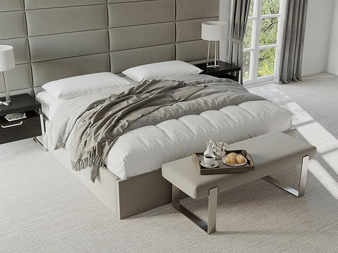 VANT Upholstered Bed Bench - Ribbed Stone - Brushed Nickel - Contemporary Modern, Bedroom Bench Seat, Hallway, or Entryway