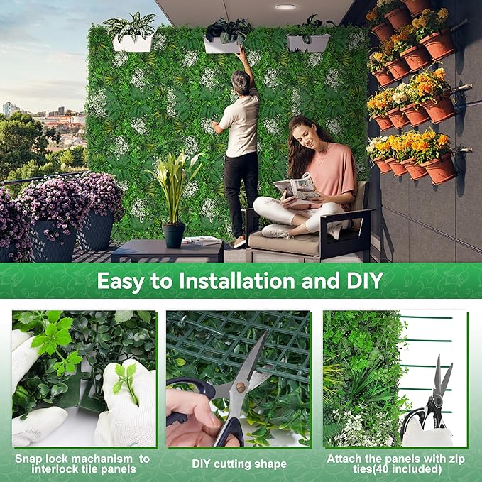 20"x20" Grass Wall Panels, 6PCS Artificial Greenery Backdrop Wall with UV Resistant Leaves, Faux Green Wall Decor for Outdoor Indoor Patio Garden Backyard