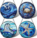 Stained Glass Window Hanging 4 Pcs Set Blue Ocean Waves 9.8" - Starfish Crab Seal Suncatcher Door Garden Sun Catcher Decor Birthday for Mom Woman Nana Men Friend