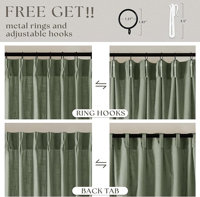 Sage Green Linen Curtains Pinch Pleated 84 Inches Long for Living Room Bedroom Pleat with Rings Back Tab Semi Sheer Curtains 84 Inch Length 2 Panels Set Light Filtering Farmhouse Drapes Light Green