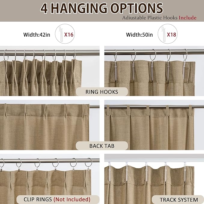 Dark Flax Pinch Pleated Linen Curtains 96 Inches Long Semi Sheer Memory Trained Ripple Fold Curtain with Hooks Back Tab Textured Light Filtering Drapes for Bedroom Living Room 42x96 Set of 2