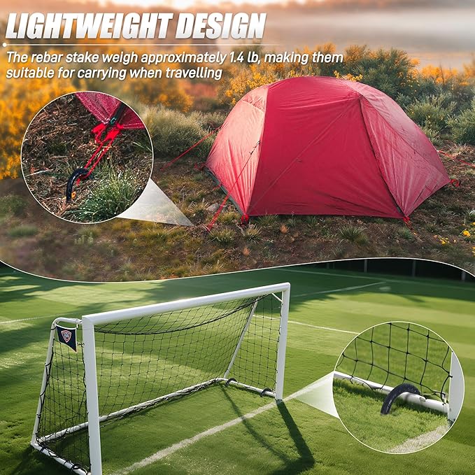 Anothera 8 Pack Trampoline Stakes Anchors High Wind, 12 Inches Tent Stakes Heavy Duty, Galvanized Steel Ground Stakes Kit, J Shaped Rebar Stakes for Trampoline, Tents, Fence