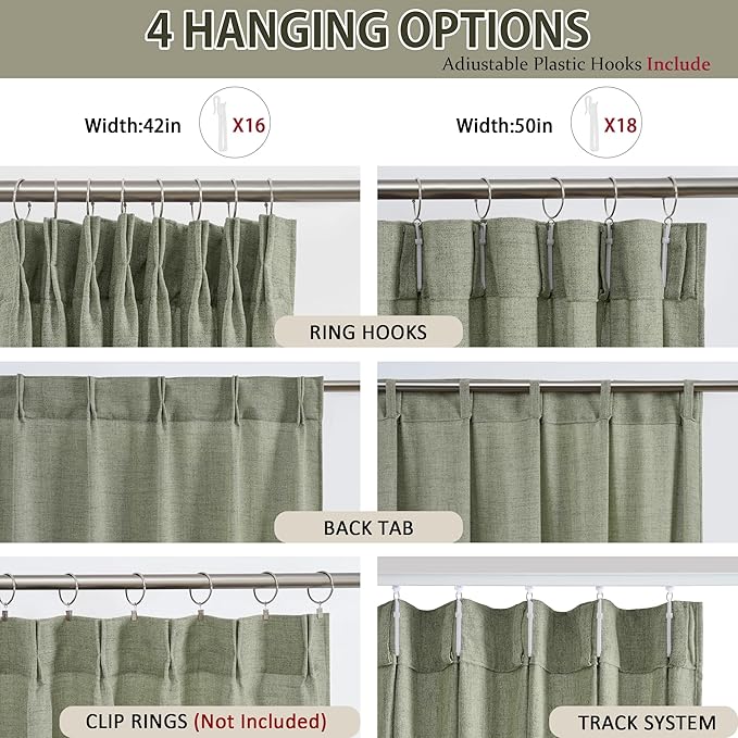 RAIN CITY 96 Inch Long Curtains Pinch Pleat, Back Tab Track System Sheer Pleated Curtains for Bedroom Village Dining Room,Country Farmhouse 96 Length 2 Panel Set,Sage Green Color 42 Inches Wide