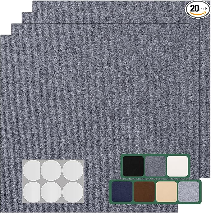 Carpet Tile 20 Pack 24” X 24” Self Adhesive Carpet Floor Tiles Anti-Slip Squares Peel and Stick Floor Tilel DIY Installation for Bedroom(Dark Grey)