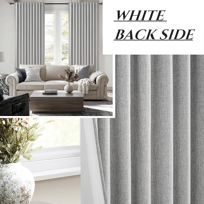 Extra Wide 60 Inch Blackout Curtains 96 Inches Long for Living Room, Rustic Boho Room Darkening Textured Linen Pleated Office Insulated Ceiling Track Large Window Drapes (60"W x 96"L 2 Panels Grey)