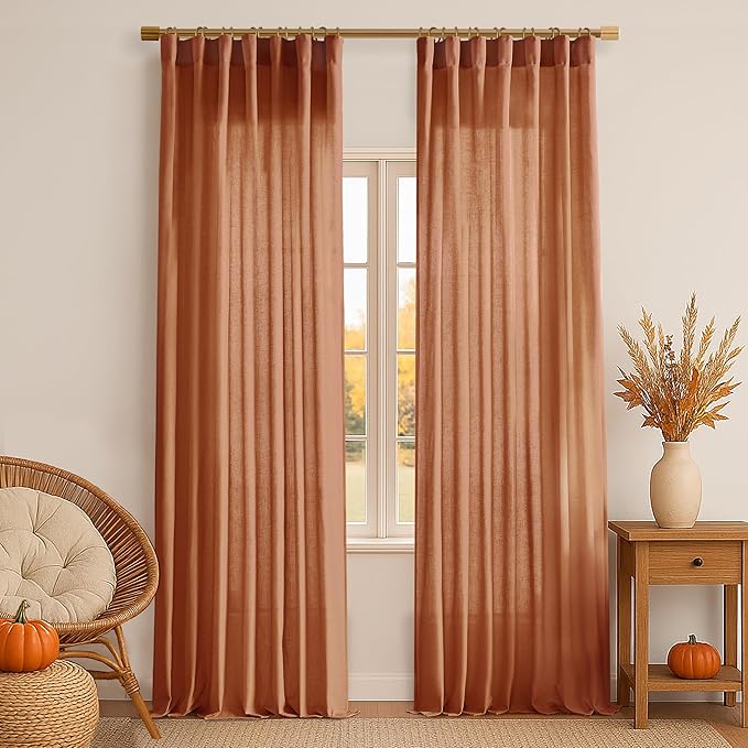 XTMYI Fall Curtains for Living Room,Back Tab Hooks Pleated Linen Sheer Burnt Orange Curtains 96 Inches Long for Bedroom Set 2 Panels