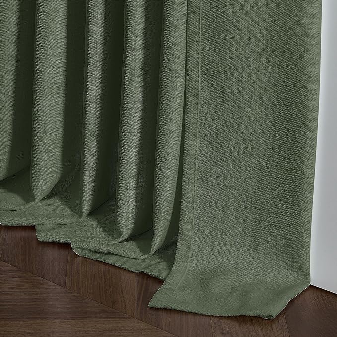 Olive Green Linen Curtains 45 Inch Length 2 Panel Set for Small Windows Rustic Country Linen Cotton Light Filtering Drapes Privacy Pinch Pleated Back Tab Semi Sheer Kitchen Curtains 45 Inches Long