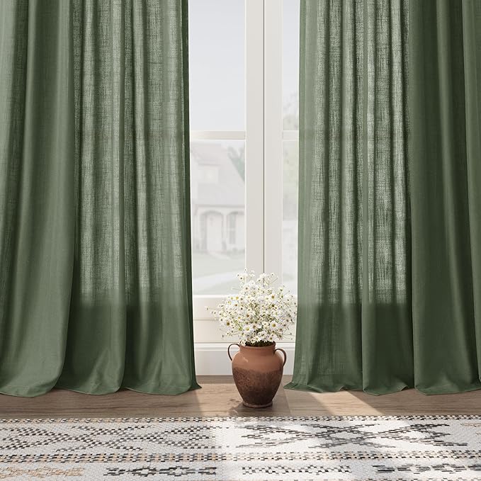 Nanspring Olive Green Linen Blend Semi Sheer Curtains 108 Inches Long x 60 Inches Wide, 2 Panel Set Back Tab Privacy Filtered and Breathable Extended Curtain for Bedroom Living Room 60x108