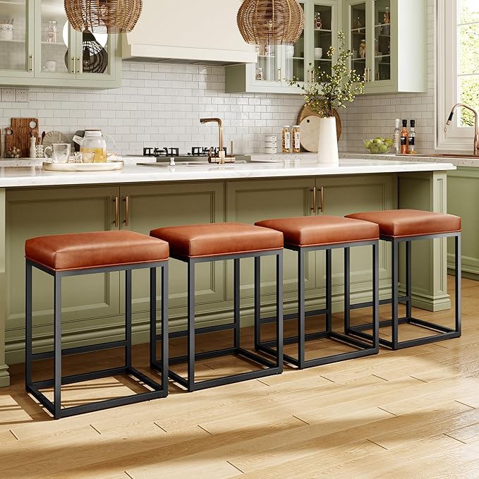 MAISON ARTS Counter Height 24 Inch Bar Stools Set of 4 for Kitchen Counter Backless Modern Barstools Industrial Upholstered Faux Leather Stools Farmhouse Island Chairs, Brown