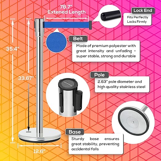 DuraSteel Crowd Control Barriers Line Dividers - Silver Stanchion Stainless Steel Posts with 6.5ft Blue Retractable Belt Ropes - for Store Queues, Airport Lines, Event Entries - 2 Set/Pack