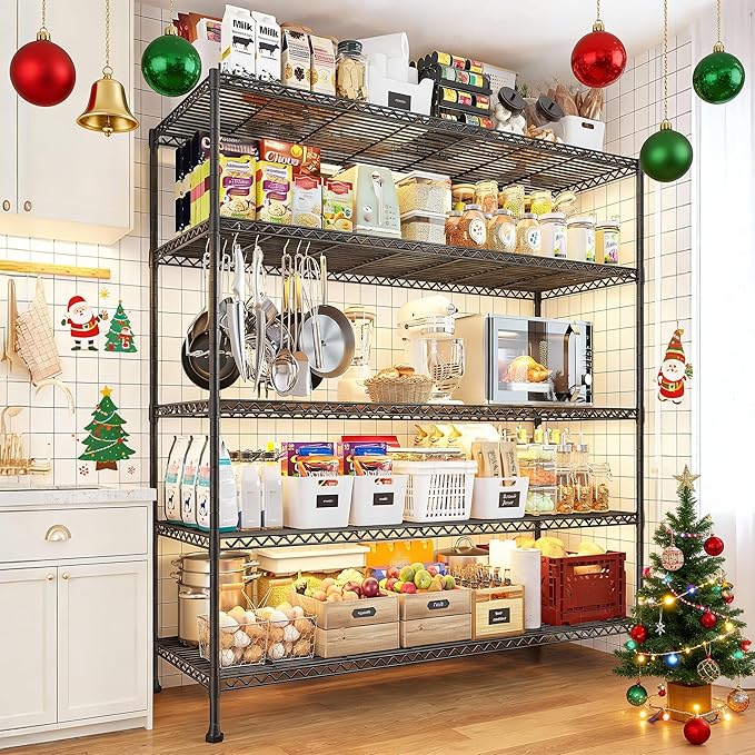 REIBII 45.8“W Metal Shelving Storage Shelves, 5-Tier Wire Shelving Unit,Heavy Duty Garage Shelving, Adjustable Storage Rack for Restaurant Pantry Kitchen Dining Room Supermarket Commercial Black