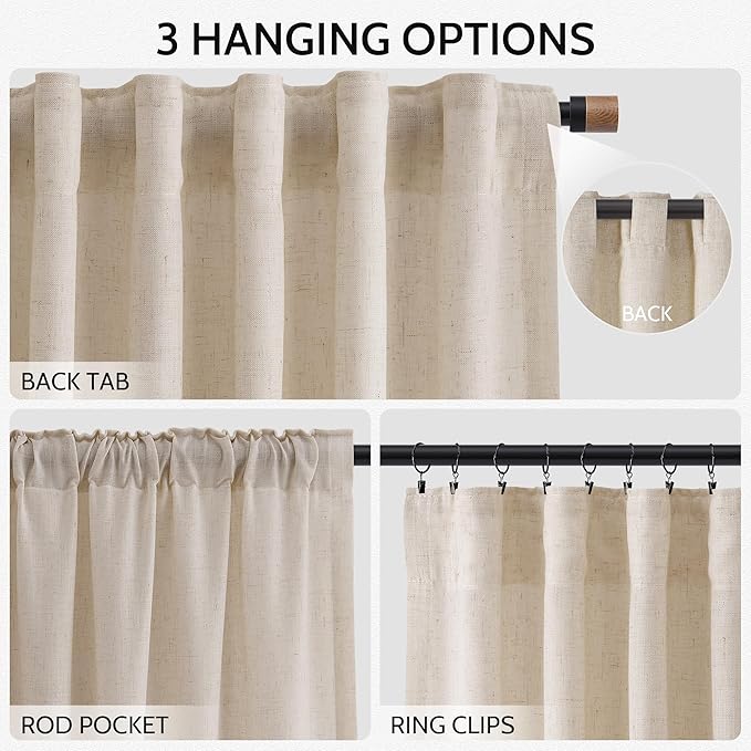 Nanspring Extra Long 120 Inch Curtains for Living Room Cream Beige Linen Light Filtering Semi Sheer Curtain Back Tab Modern Farmhouse Decor Floor to Ceiling High Window for Bedroom 52x120, 2 Panels