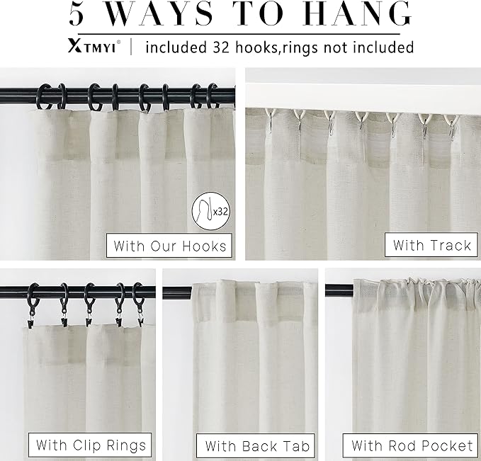 Extra Wide Curtains 70 In Width for 72 Inch Window,Pleated Back Tab Linen Semi Sheer Full Length Curtains for Living Room Sliding Glass Door 2 Panel Set,72x102,70x102,6FT x 102 Inches Long,Cream