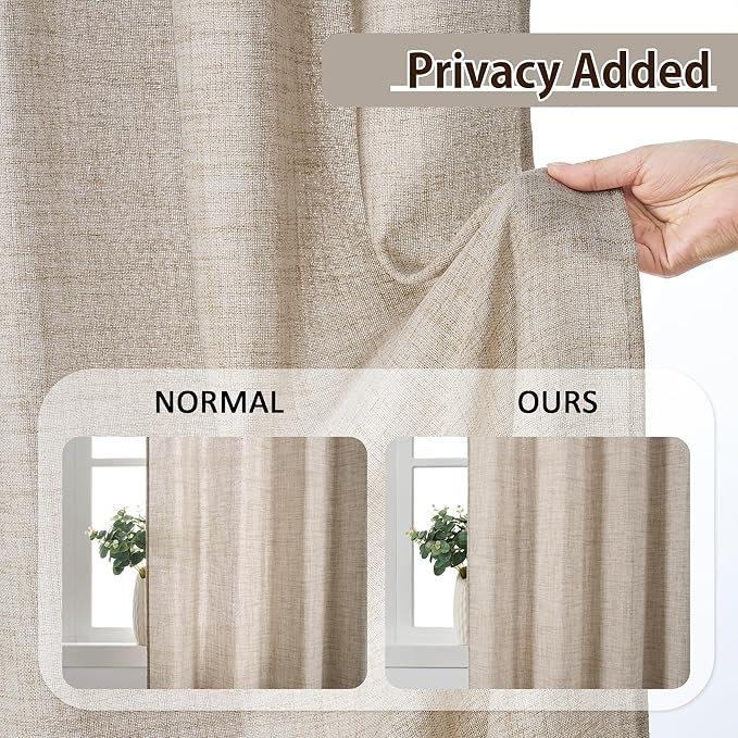 Beige Sheer Pinch Pleated Curtains 102 Inches Long 2 Panels,Back Tab Pleated Drapes Hooks Thick Linen Textured Boho Farmhouse Curtain for Dining Bedroom 70 Inch Wide Each Panel