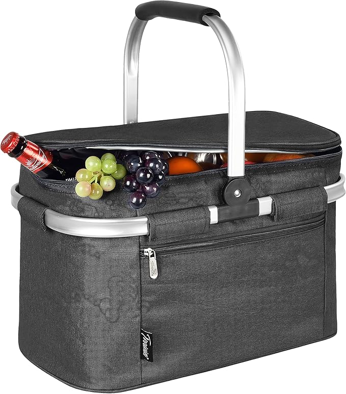Tirrinia Large Insulated Picnic Basket, 34L Water Resistant & Leakproof Collapsible Portable Cooler Basket Set with Aluminium Handle for Travel,Foldable Grocery Bag, Black