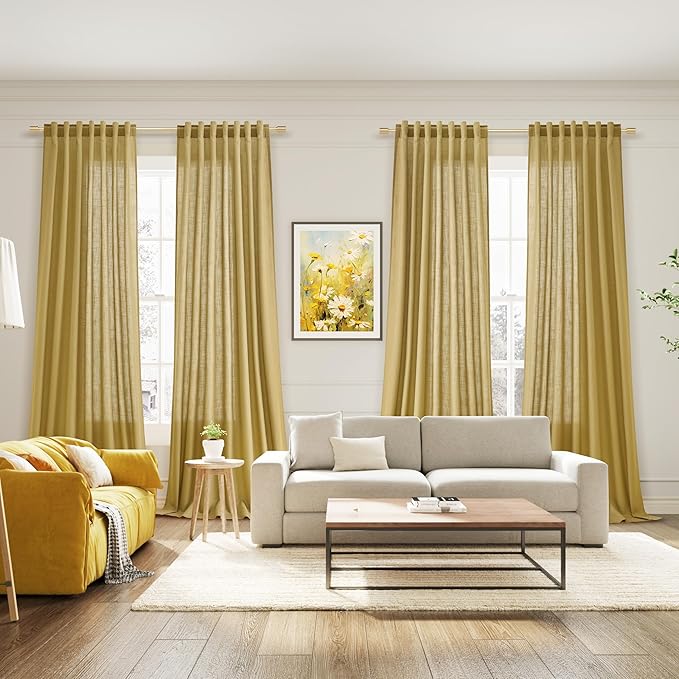 Nanspring Linen Curtains Semi Sheer Gold 96 Inches Long 2 Panels Set for Living Room Back Tab Rod Pocket Light Filtering Drape for Bedroom Modern Farmhouse Coastal Decor Protect Privacy 52x96