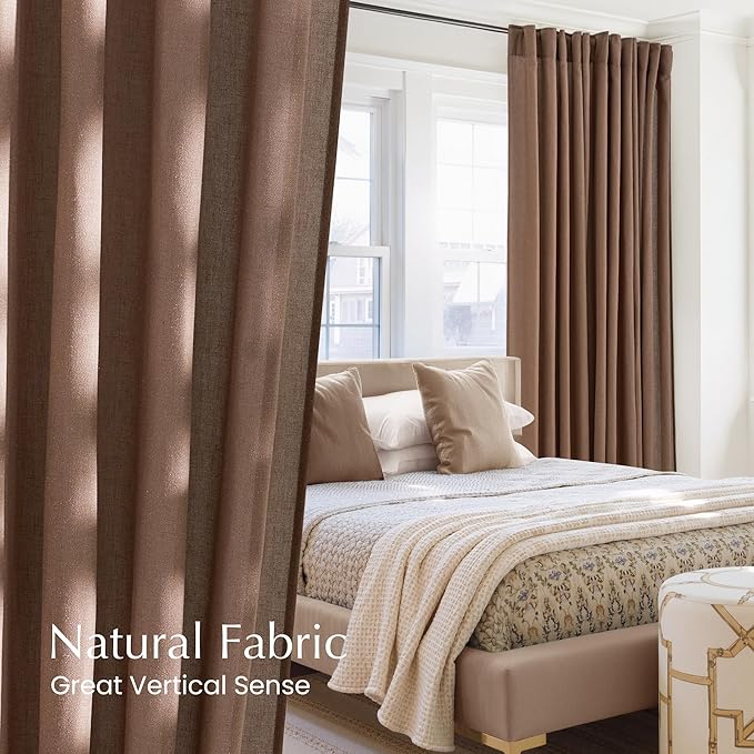NICETOWN Thick Linen Semi Sheer Gold Brown Curtains for Famhouse, Pleat Tape Semi Sheer Drapes Privacy Added with Light Filtering Window Treatments for Bedroom, W52 x L95, 2 Panels