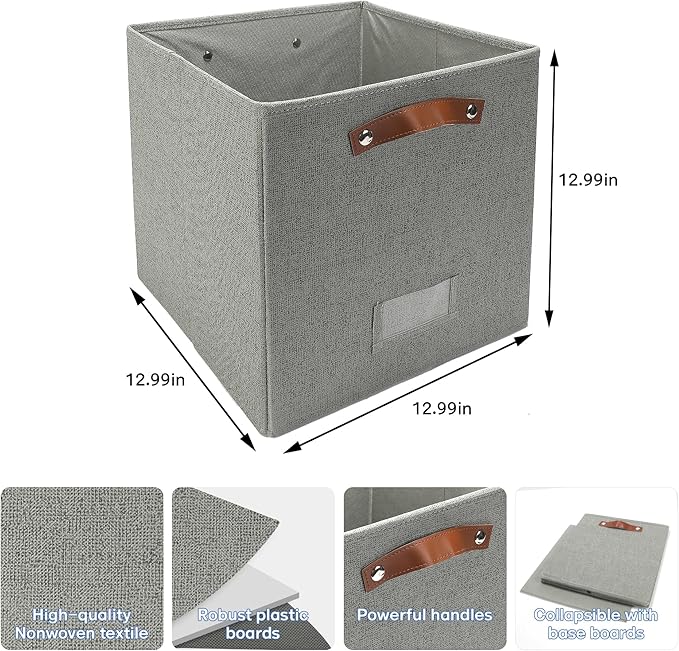 4 Pack Large Fabric Storage Bins for Shelves, Collapsible Storage Baskets with Handles for Organizing Clothes, Toys, and Household Items, Grey & White (Dark Gray, 13")