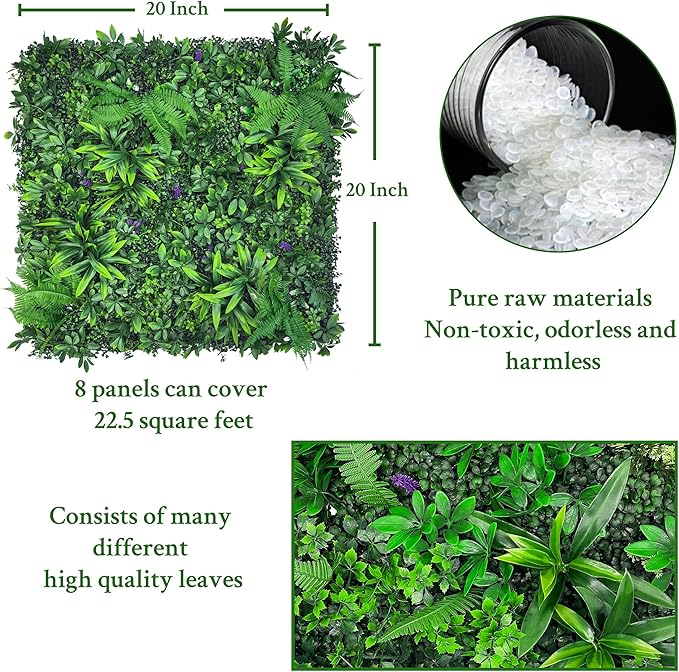Artificial Greenery Wall Panels: 20''x 20'' 8P UV-Anti Faux Greennery Grass Wall Privacy Backdrop Fence Screen for Garden Fence Covering Privacy, Outdoor Indoor Home Decor