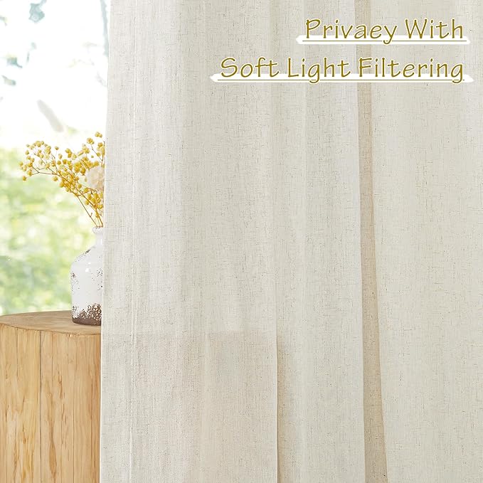 NICETOWN Natural Linen 102 inch Curtains for Bedroom, Back Tab & Rod Pocket with Pleat Tab Privacy Added with Light Filtering Window Treatments for Living Room, W52 x L102, 2 Panels