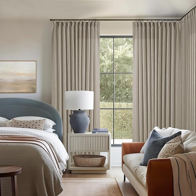 Linen Sheer Pleated Curtains 120 Inches Long 70 Inch Wide Patio Sliding Door Curtains Light Filtering Semi Sheer Pinch Pleat Drapes Burlywood Taupe Extra Wide 70x120 Drapes for Living Dining Room