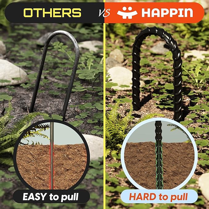 Happin® 12 Inch Heavy Duty Ground Anchors, Garden Stakes U Hook, Tent Stakes Heavy Duty, Chain Link Fence Anchors, Ground Anchors Screw in, Yard Stakes, Galvanized Steel, (4 Pack, Black)