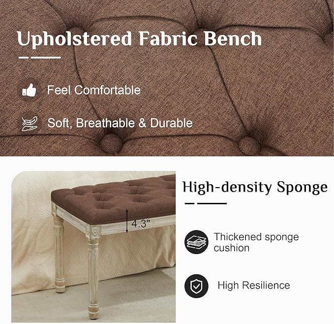 LOULENS 43.9" Linen Fabric End of Bed Bench, Vintage French Upholstered Button Tufted Entry Bench, Window Seat with Carved Wood Legs for Bedroom, Living Room, Entryway, Foyer, Hallway, Brown