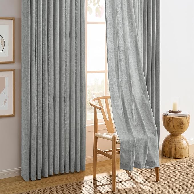 2 Panels Set Extra Long 130 inch Curtains - Pinch Pleated with hooks Textured Linen Blend Semi Sheer Light Filtering Drapes for Large Windows Living Room Dining Office, Grey, 42" Wide by 130" Long