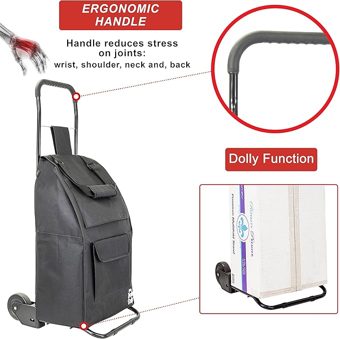 dbest Products Trolley Dolly Compact with Pockets – Foldable Grocery Cart on Wheels – Multi Use Rolling Cart with Removable Bag, Storage Pockets, and Hand Truck Dolly Function, Black