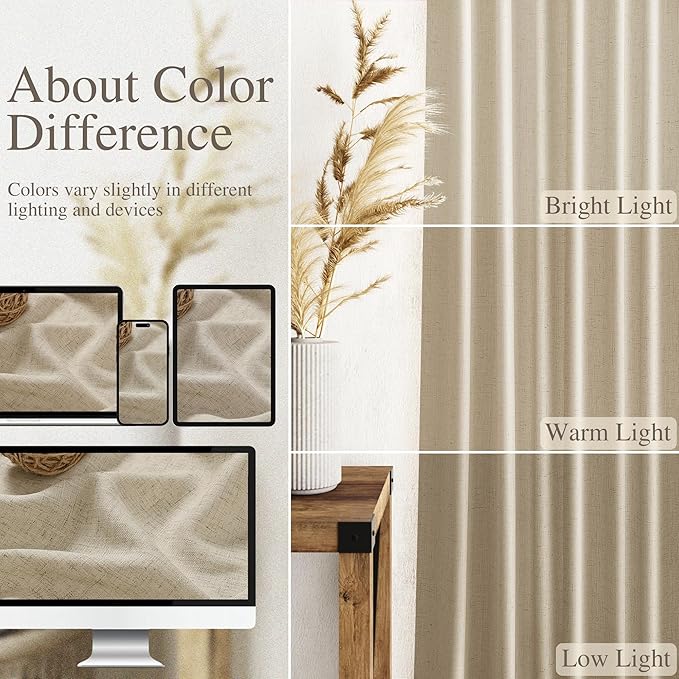 Nanspring Eggshell Beige 102 Inch Long Curtains for Living Room Linen Light Filtering Semi Sheer Curtain Back Tab Rustic Decor Floor to Ceiling Neutral Drapes for Bedroom Office 52x102, 2 Panels