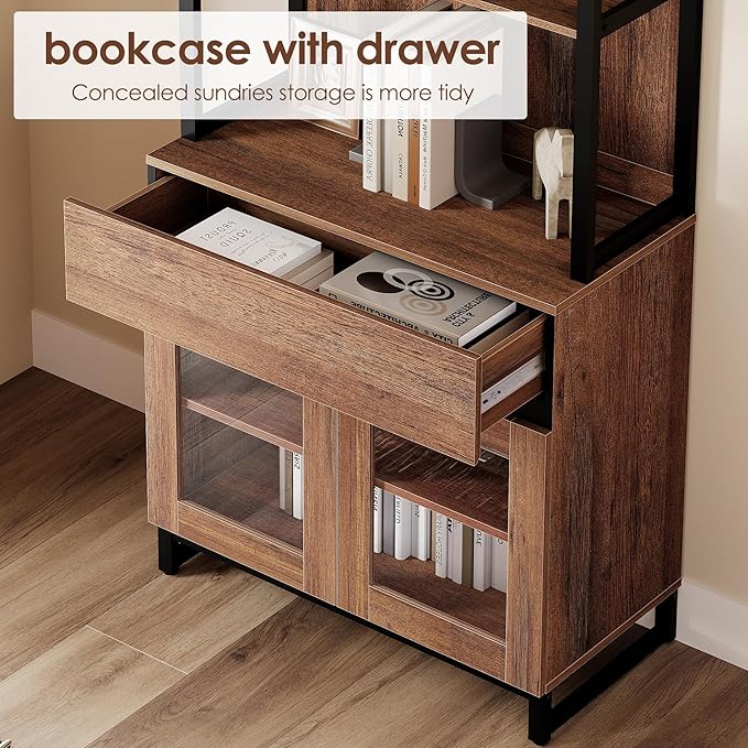 WAMPAT 2 PCS Modern 72" Tall Bookcase with 2 Drawers and Open Book Shelf, Library Book Shelf with Storage Cabinet and Glass Doors, Wood Freestanding Bookshelves for Home Office, Living Room, Brown