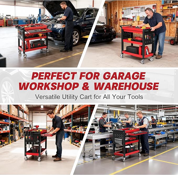 3 Tier Tool Cart on Wheels, Heavy Duty Metal Rolling with Drawers and Pegboards, 660 LBS Load Capacity Tool Storage Cart, Industrial Utility for Garage, Warehouse, Workshop