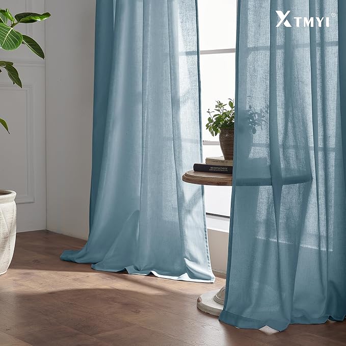 XTMYI Dusty Blue Curtains 63 Inches Long for Bedroom,Light Filtering Country Vintage Hooks Pleated Back Tab Semi Sheer Linen Curtains for Living Room 2 Panels Set,Grey Stone Blue