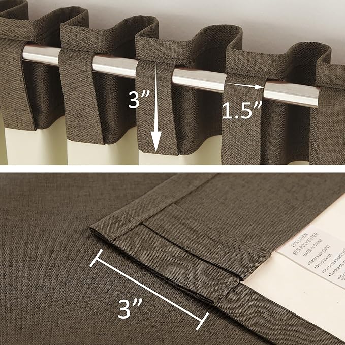 DUALIFE Brown Linen Full Blackout Curtains 108 Inch Length 2 Panels Set for Living Opaque Privacy Back Tab Thermal Insulated 100% Black Out Room Darkening 9ft Window Curtain Drapes 108 Inches Long