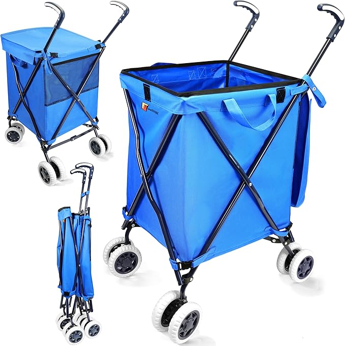 Foldable Shopping Cart with Wheels – Wellmax WM99100 Series Grocery Cart on Wheels with Removable Canvas Bag & Cover, Portable Utility Cart for Laundry, Groceries & More – Holds 120 lbs (Blue)