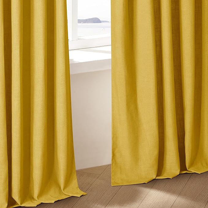 Extra Long Mustard Yellow Linen Curtains 120 Inches Long Gold Yellow Funky Farmhouse Rustic Curtain Light Filtering Semi Sheer Back Tab Pinch Pleat Curtain for Tall Ceiling Living Room 2 Panels