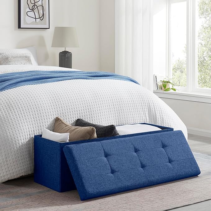 Ornavo Home 43 Inch Folding Storage Ottoman with Storage Bench, Long Large Storage Ottoman Bench, Storage Chest, Foot Rest Stool, Bedroom Bench with Storage - (Navy)