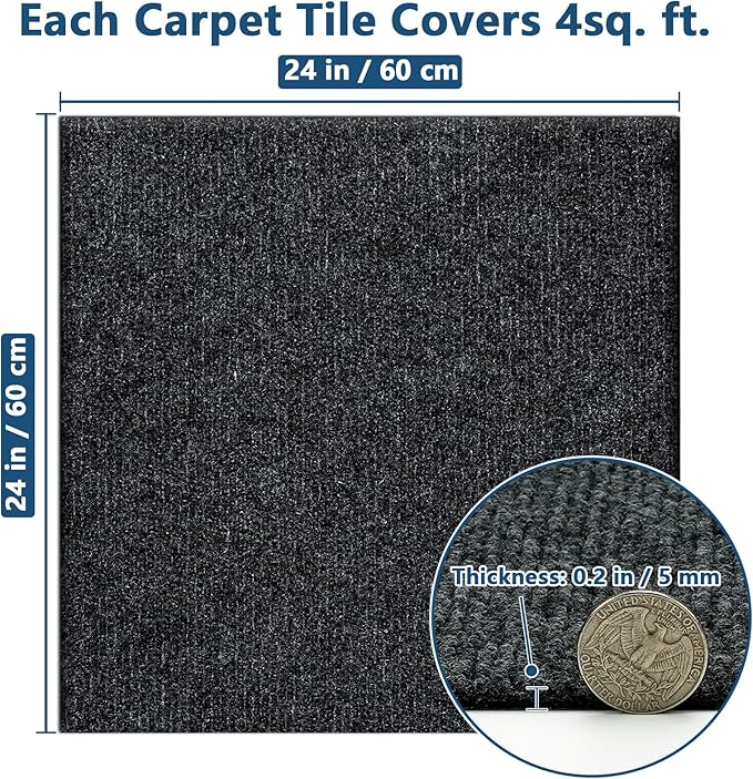 Carpet Tiles Peel and Stick 24” x 24”, Self Adhesive Soft Padded Flooring Stickers, Dark Gray Home Decor for Bedroom Living Room Office, 20 Tiles & 80 sq ft per Box