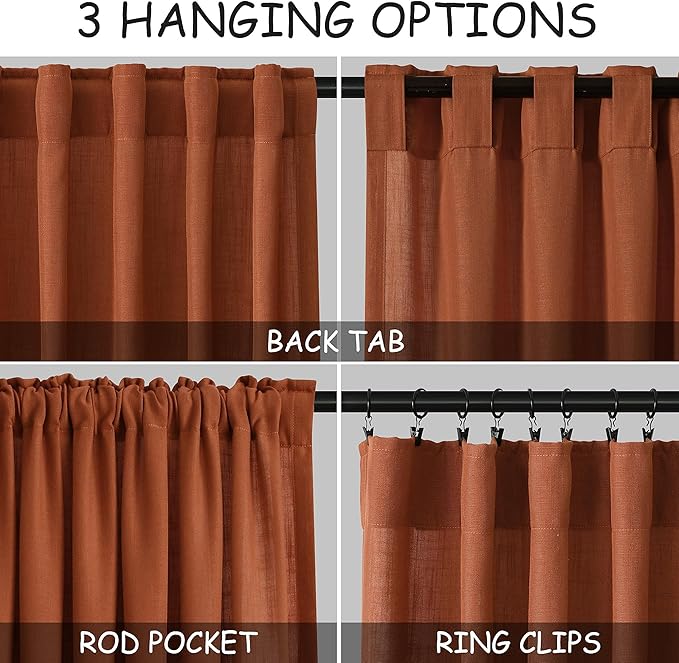 Terracotta Linen Curtains 92 inches Long 2 Panel Set Back Tab Rod Pocket Rustic Farmhouse Boho Curtains for Living Room Semi Sheer Brick Burnt Orange Bohemian Fall Decor for Dining Room Rust